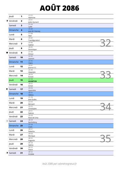 calendrier août 2086 au format portrait pour prendre des notes