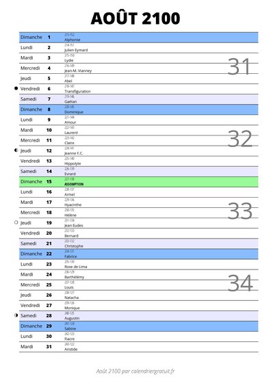 calendrier août 2100 au format portrait pour prendre des notes
