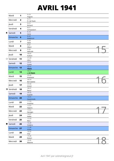 calendrier avril 1941 au format portrait pour prendre des notes