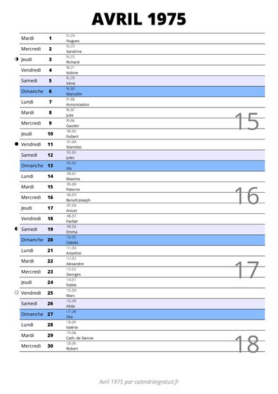 calendrier avril 1975 au format portrait pour prendre des notes