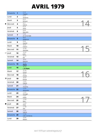 calendrier avril 1979 au format portrait pour prendre des notes