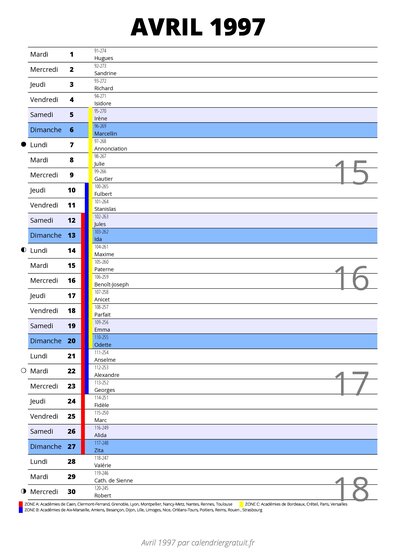 calendrier avril 1997 au format portrait pour prendre des notes