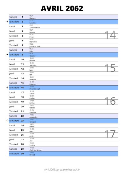 calendrier avril 2062 au format portrait pour prendre des notes