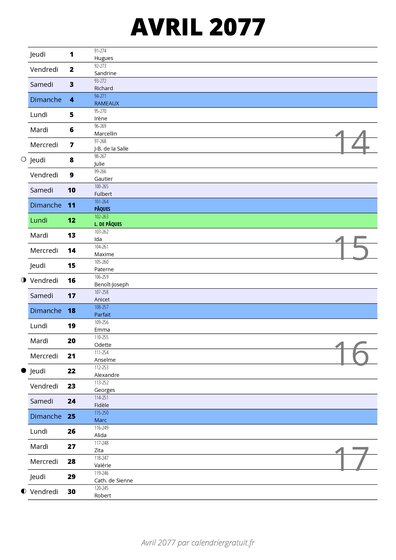 calendrier avril 2077 au format portrait pour prendre des notes