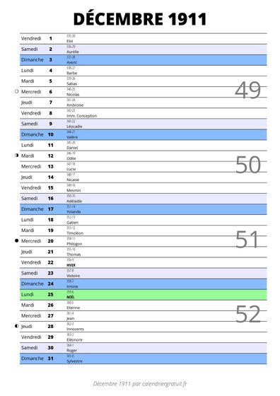 calendrier décembre 1911 au format portrait pour prendre des notes