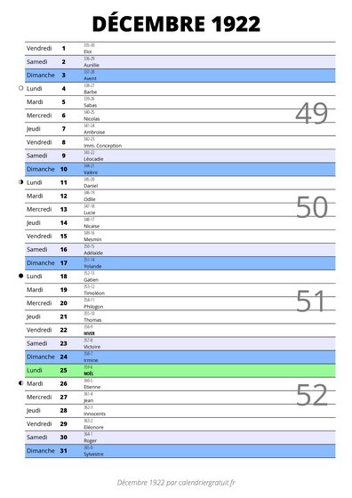 calendrier décembre 1922 au format portrait pour prendre des notes