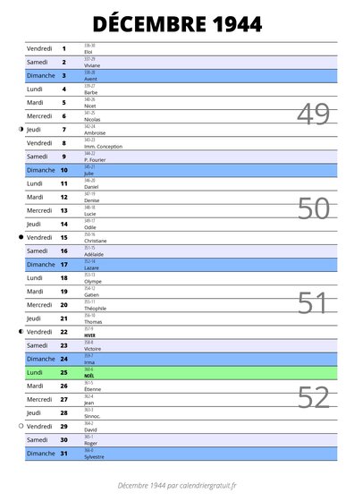 calendrier décembre 1944 au format portrait pour prendre des notes