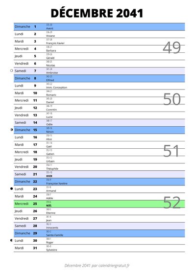 calendrier décembre 2041 au format portrait pour prendre des notes