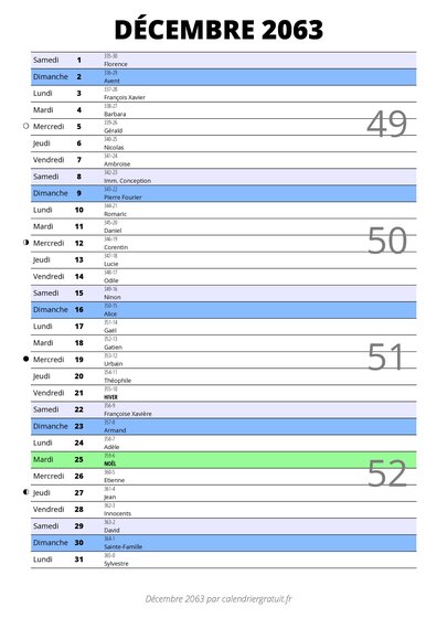 calendrier décembre 2063 au format portrait pour prendre des notes