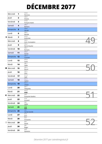 calendrier décembre 2077 au format portrait pour prendre des notes