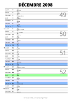 calendrier décembre 2098 au format portrait pour prendre des notes
