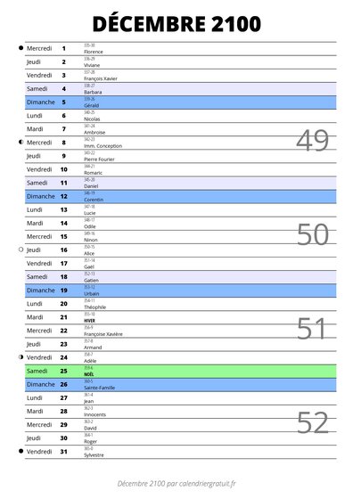calendrier décembre 2100 au format portrait pour prendre des notes