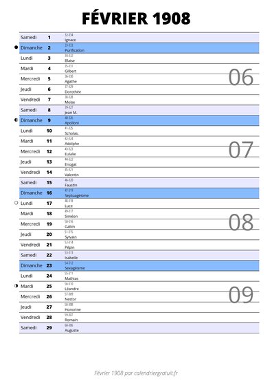 calendrier février 1908 au format portrait pour prendre des notes