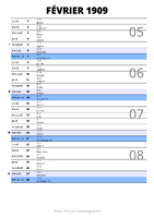 calendrier février 1909 au format portrait pour prendre des notes