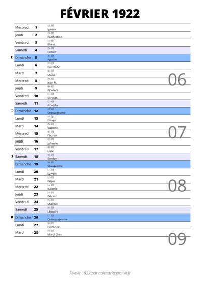 calendrier février 1922 au format portrait pour prendre des notes
