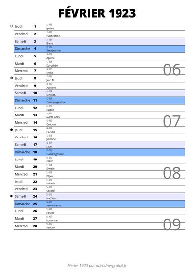 calendrier février 1923 au format portrait pour prendre des notes
