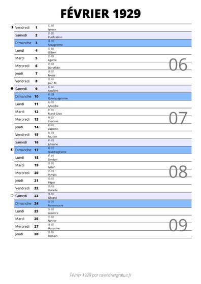 calendrier février 1929 au format portrait pour prendre des notes