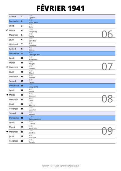 calendrier février 1941 au format portrait pour prendre des notes
