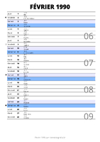 calendrier février 1990 au format portrait pour prendre des notes