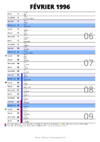 calendrier février 1996 au format portrait pour prendre des notes