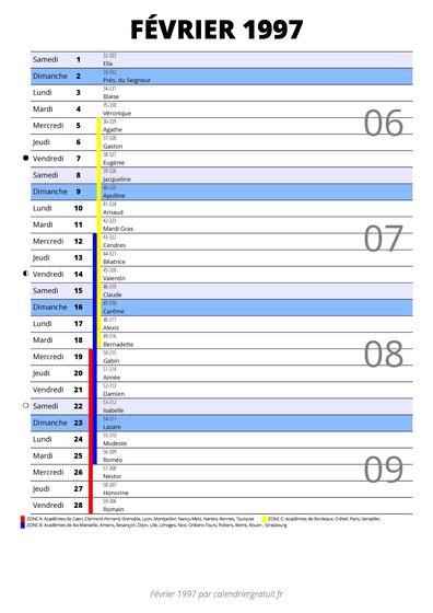 calendrier février 1997 au format portrait pour prendre des notes
