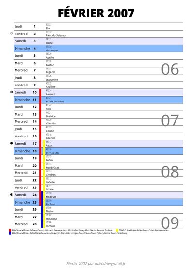 calendrier février 2007 au format portrait pour prendre des notes