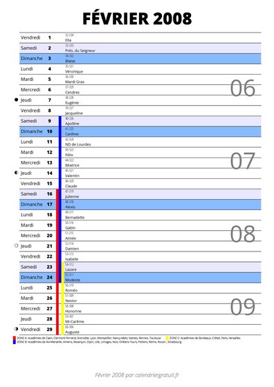 calendrier février 2008 au format portrait pour prendre des notes