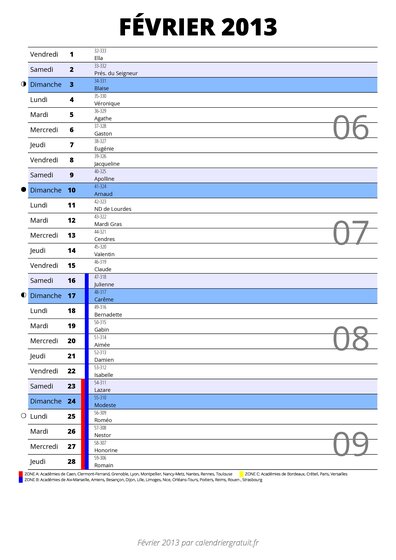 calendrier février 2013 au format portrait pour prendre des notes