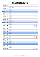 calendrier février 2040 au format portrait pour prendre des notes