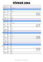 calendrier février 2064 au format portrait pour prendre des notes