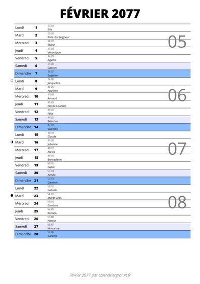 calendrier février 2077 au format portrait pour prendre des notes