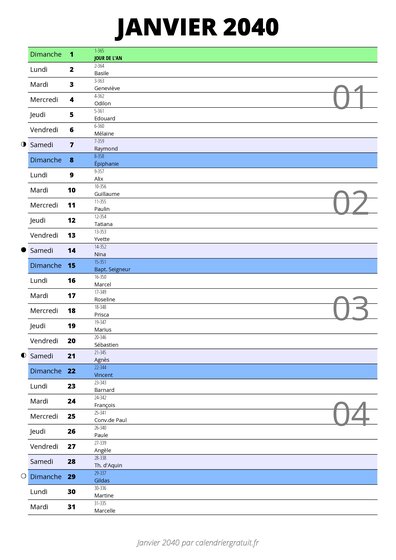 calendrier janvier 2040 au format portrait pour prendre des notes