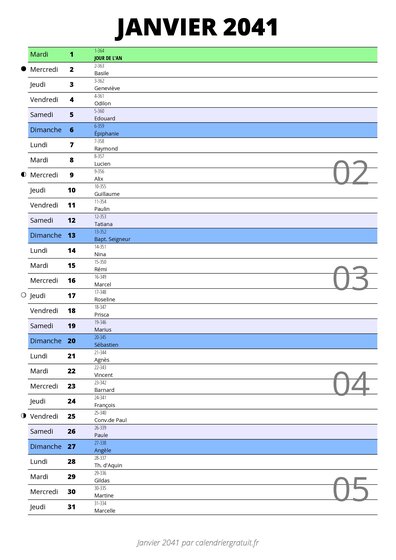 calendrier janvier 2041 au format portrait pour prendre des notes