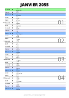 calendrier janvier 2055 au format portrait pour prendre des notes