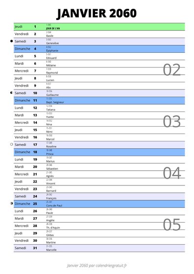 calendrier janvier 2060 au format portrait pour prendre des notes