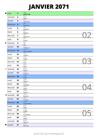 calendrier janvier 2071 au format portrait pour prendre des notes