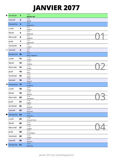 calendrier janvier 2077 au format portrait pour prendre des notes