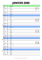calendrier janvier 2080 au format portrait pour prendre des notes
