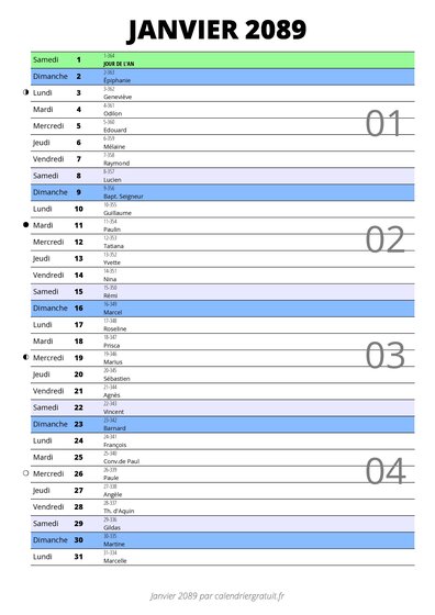 calendrier janvier 2089 au format portrait pour prendre des notes