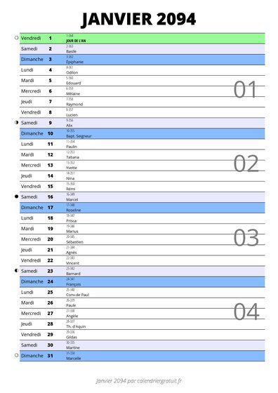 calendrier janvier 2094 au format portrait pour prendre des notes