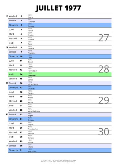 calendrier juillet 1977 au format portrait pour prendre des notes