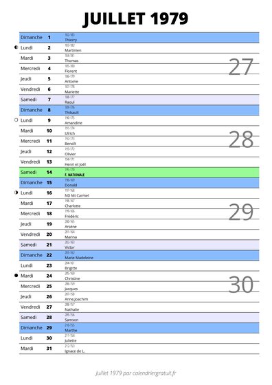 calendrier juillet 1979 au format portrait pour prendre des notes