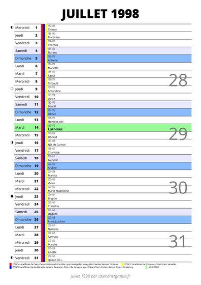 calendrier juillet 1998 au format portrait pour prendre des notes