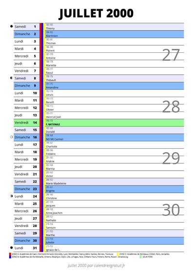 calendrier juillet 2000 au format portrait pour prendre des notes