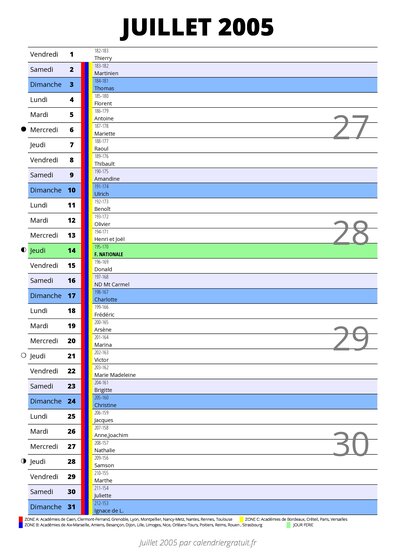calendrier juillet 2005 au format portrait pour prendre des notes