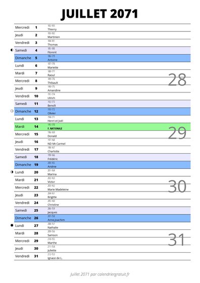 calendrier juillet 2071 au format portrait pour prendre des notes