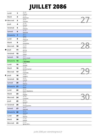 calendrier juillet 2086 au format portrait pour prendre des notes