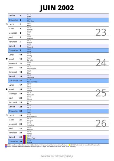 calendrier juin 2002 au format portrait pour prendre des notes