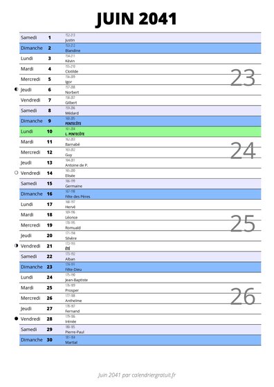 calendrier juin 2041 au format portrait pour prendre des notes