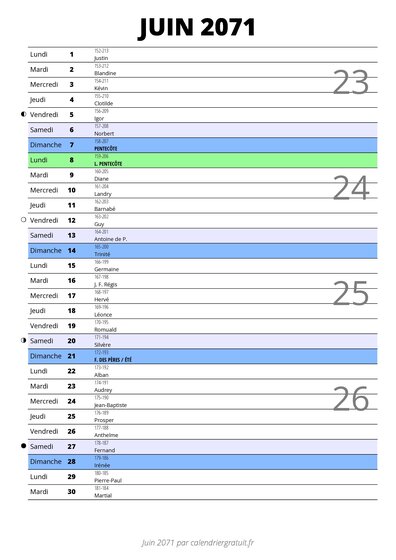 calendrier juin 2071 au format portrait pour prendre des notes